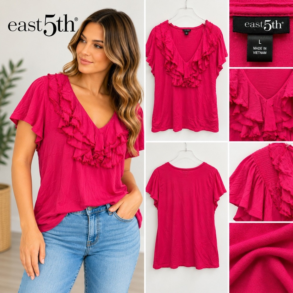 East 5th Womens Magenta Pink Ruffle V-Neck Flutter Sleeve Blouse Top Large